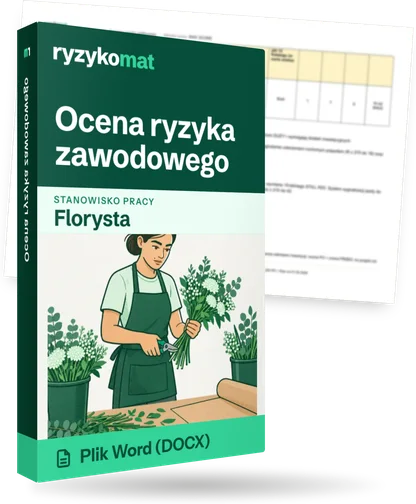 Pudełko dokumentu „Ocena ryzyka zawodowego” ze znakiem Ryzykomat i napisem „Plik Word (DOCX)” na froncie, ilustracja stanowiska „Florysta”; zza pudełka wystaje strona prawdziwego dokumentu z rozmytą treścią
