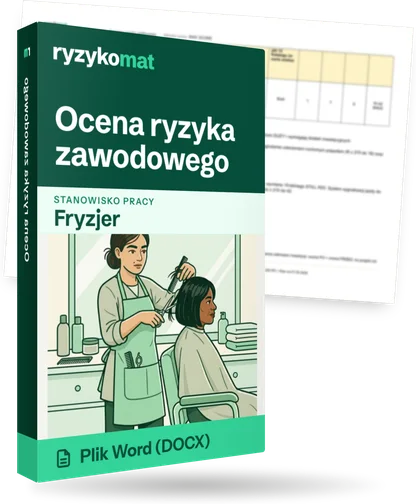 Pudełko dokumentu „Ocena ryzyka zawodowego” ze znakiem Ryzykomat i napisem „Plik Word (DOCX)” na froncie, ilustracja stanowiska „Fryzjer”; zza pudełka wystaje strona prawdziwego dokumentu z rozmytą treścią