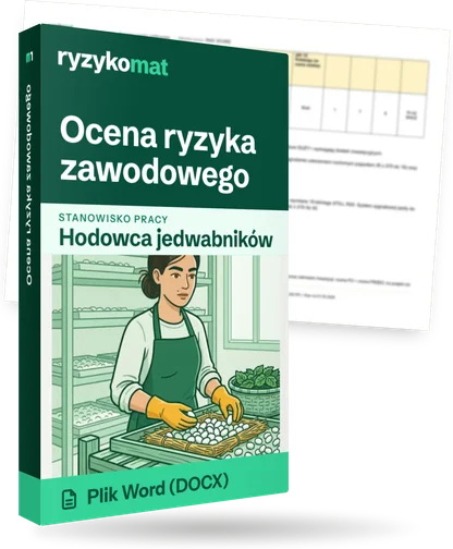 Pudełko dokumentu „Ocena ryzyka zawodowego” ze znakiem Ryzykomat i napisem „Plik Word (DOCX)” na froncie, ilustracja stanowiska „Hodowca jedwabników”; zza pudełka wystaje strona prawdziwego dokumentu z rozmytą treścią