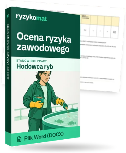 Pudełko dokumentu „Ocena ryzyka zawodowego” ze znakiem Ryzykomat i napisem „Plik Word (DOCX)” na froncie, ilustracja stanowiska „Hodowca ryb”; zza pudełka wystaje strona prawdziwego dokumentu z rozmytą treścią
