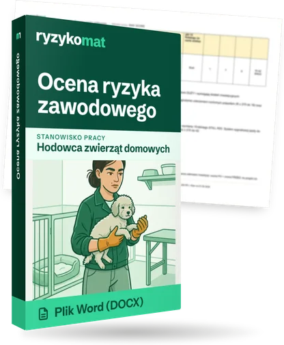Pudełko dokumentu „Ocena ryzyka zawodowego” ze znakiem Ryzykomat i napisem „Plik Word (DOCX)” na froncie, ilustracja stanowiska „Hodowca zwierząt domowych”; zza pudełka wystaje strona prawdziwego dokumentu z rozmytą treścią