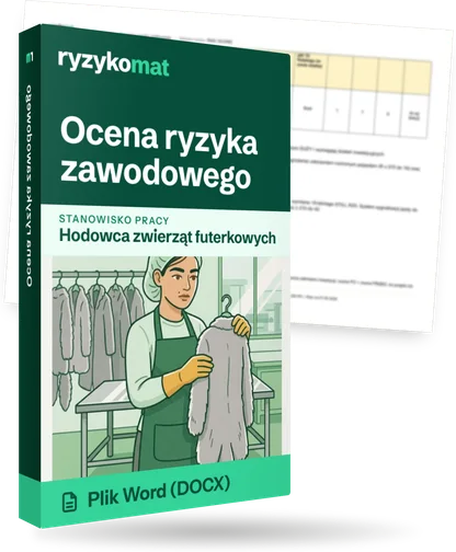 Pudełko dokumentu „Ocena ryzyka zawodowego” ze znakiem Ryzykomat i napisem „Plik Word (DOCX)” na froncie, ilustracja stanowiska „Hodowca zwierząt futerkowych”; zza pudełka wystaje strona prawdziwego dokumentu z rozmytą treścią