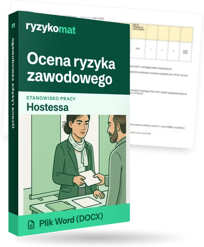 Pudełko dokumentu „Ocena ryzyka zawodowego” ze znakiem Ryzykomat i napisem „Plik Word (DOCX)” na froncie, ilustracja stanowiska „Hostessa”; zza pudełka wystaje strona prawdziwego dokumentu z rozmytą treścią