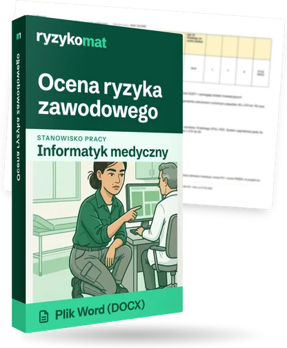 Pudełko dokumentu „Ocena ryzyka zawodowego” ze znakiem Ryzykomat i napisem „Plik Word (DOCX)” na froncie, ilustracja stanowiska „Informatyk medyczny”; zza pudełka wystaje strona prawdziwego dokumentu z rozmytą treścią