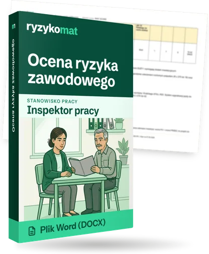 Pudełko dokumentu „Ocena ryzyka zawodowego” ze znakiem Ryzykomat i napisem „Plik Word (DOCX)” na froncie, ilustracja stanowiska „Inspektor pracy”; zza pudełka wystaje strona prawdziwego dokumentu z rozmytą treścią