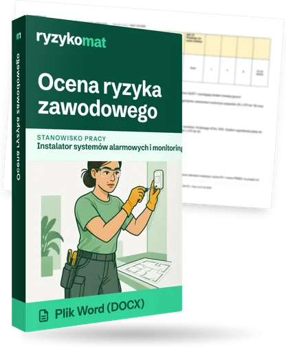 Pudełko dokumentu „Ocena ryzyka zawodowego” ze znakiem Ryzykomat i napisem „Plik Word (DOCX)” na froncie, ilustracja stanowiska „Instalator systemów alarmowych i monitoringu”; zza pudełka wystaje strona prawdziwego dokumentu z rozmytą treścią