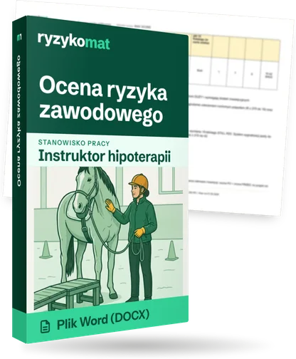 Pudełko dokumentu „Ocena ryzyka zawodowego” ze znakiem Ryzykomat i napisem „Plik Word (DOCX)” na froncie, ilustracja stanowiska „Instruktor hipoterapii”; zza pudełka wystaje strona prawdziwego dokumentu z rozmytą treścią