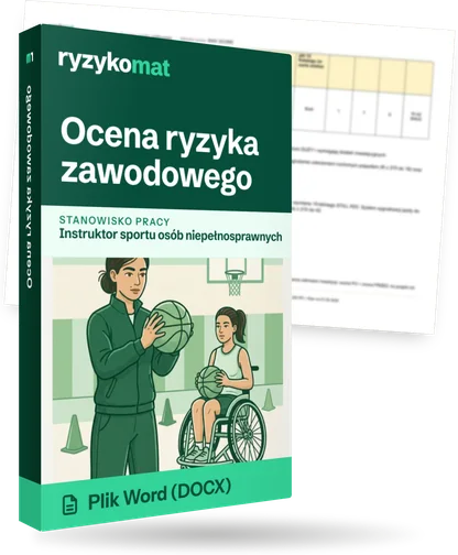 Pudełko dokumentu „Ocena ryzyka zawodowego” ze znakiem Ryzykomat i napisem „Plik Word (DOCX)” na froncie, ilustracja stanowiska „Instruktor sportu osób niepełnosprawnych”; zza pudełka wystaje strona prawdziwego dokumentu z rozmytą treścią