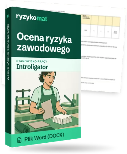 Pudełko dokumentu „Ocena ryzyka zawodowego” ze znakiem Ryzykomat i napisem „Plik Word (DOCX)” na froncie, ilustracja stanowiska „Introligator”; zza pudełka wystaje strona prawdziwego dokumentu z rozmytą treścią