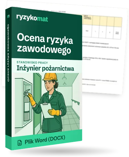 Pudełko dokumentu „Ocena ryzyka zawodowego” ze znakiem Ryzykomat i napisem „Plik Word (DOCX)” na froncie, ilustracja stanowiska „Inżynier pożarnictwa”; zza pudełka wystaje strona prawdziwego dokumentu z rozmytą treścią