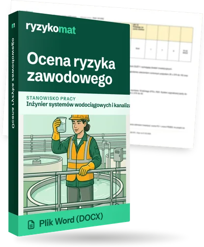 Pudełko dokumentu „Ocena ryzyka zawodowego” ze znakiem Ryzykomat i napisem „Plik Word (DOCX)” na froncie, ilustracja stanowiska „Inżynier systemów wodociągowych i kanalizacyjnych”; zza pudełka wystaje strona prawdziwego dokumentu z rozmytą treścią