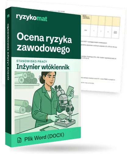 Pudełko dokumentu „Ocena ryzyka zawodowego” ze znakiem Ryzykomat i napisem „Plik Word (DOCX)” na froncie, ilustracja stanowiska „Inżynier włókiennik”; zza pudełka wystaje strona prawdziwego dokumentu z rozmytą treścią