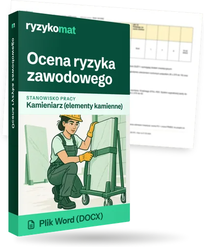 Pudełko dokumentu „Ocena ryzyka zawodowego” ze znakiem Ryzykomat i napisem „Plik Word (DOCX)” na froncie, ilustracja stanowiska „Kamieniarz (elementy kamienne)”; zza pudełka wystaje strona prawdziwego dokumentu z rozmytą treścią