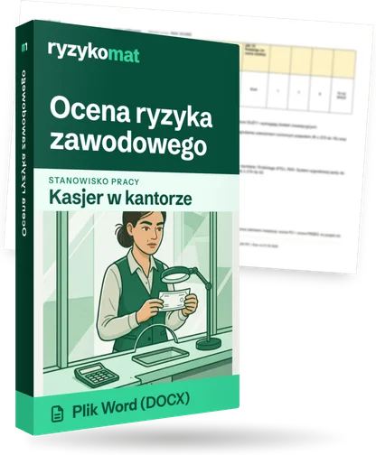 Pudełko dokumentu „Ocena ryzyka zawodowego” ze znakiem Ryzykomat i napisem „Plik Word (DOCX)” na froncie, ilustracja stanowiska „Kasjer w kantorze”; zza pudełka wystaje strona prawdziwego dokumentu z rozmytą treścią