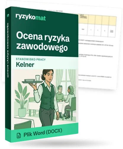 Pudełko dokumentu „Ocena ryzyka zawodowego” ze znakiem Ryzykomat i napisem „Plik Word (DOCX)” na froncie, ilustracja stanowiska „Kelner”; zza pudełka wystaje strona prawdziwego dokumentu z rozmytą treścią