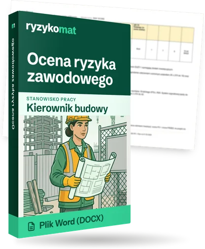 Pudełko dokumentu „Ocena ryzyka zawodowego” ze znakiem Ryzykomat i napisem „Plik Word (DOCX)” na froncie, ilustracja stanowiska „Kierownik budowy”; zza pudełka wystaje strona prawdziwego dokumentu z rozmytą treścią