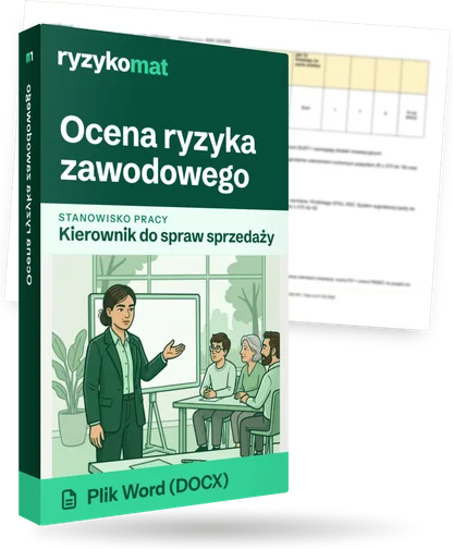 Pudełko dokumentu „Ocena ryzyka zawodowego” ze znakiem Ryzykomat i napisem „Plik Word (DOCX)” na froncie, ilustracja stanowiska „Kierownik do spraw sprzedaży”; zza pudełka wystaje strona prawdziwego dokumentu z rozmytą treścią