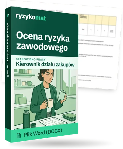 Pudełko dokumentu „Ocena ryzyka zawodowego” ze znakiem Ryzykomat i napisem „Plik Word (DOCX)” na froncie, ilustracja stanowiska „Kierownik działu zakupów”; zza pudełka wystaje strona prawdziwego dokumentu z rozmytą treścią