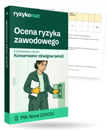 Pudełko dokumentu „Ocena ryzyka zawodowego” ze znakiem Ryzykomat i napisem „Plik Word (DOCX)” na froncie, ilustracja stanowiska „Konserwator dźwigów (wind)”; zza pudełka wystaje strona prawdziwego dokumentu z rozmytą treścią