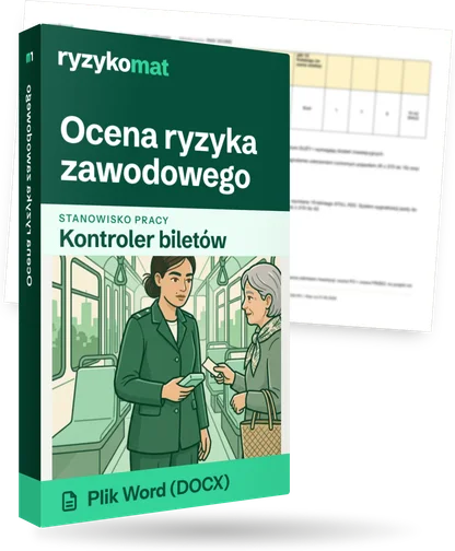 Pudełko dokumentu „Ocena ryzyka zawodowego” ze znakiem Ryzykomat i napisem „Plik Word (DOCX)” na froncie, ilustracja stanowiska „Kontroler biletów”; zza pudełka wystaje strona prawdziwego dokumentu z rozmytą treścią