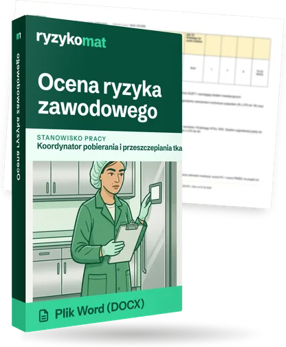 Pudełko dokumentu „Ocena ryzyka zawodowego” ze znakiem Ryzykomat i napisem „Plik Word (DOCX)” na froncie, ilustracja stanowiska „Koordynator pobierania i przeszczepiania tkanek i narządów”; zza pudełka wystaje strona prawdziwego dokumentu z rozmytą treścią