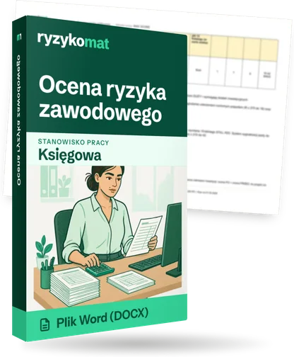 Pudełko dokumentu „Ocena ryzyka zawodowego” ze znakiem Ryzykomat i napisem „Plik Word (DOCX)” na froncie, ilustracja stanowiska „Księgowa”; zza pudełka wystaje strona prawdziwego dokumentu z rozmytą treścią