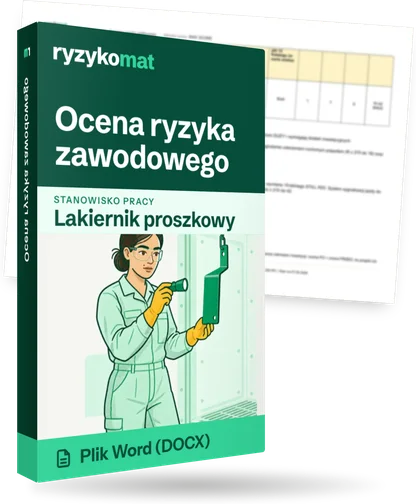 Pudełko dokumentu „Ocena ryzyka zawodowego” ze znakiem Ryzykomat i napisem „Plik Word (DOCX)” na froncie, ilustracja stanowiska „Lakiernik proszkowy”; zza pudełka wystaje strona prawdziwego dokumentu z rozmytą treścią