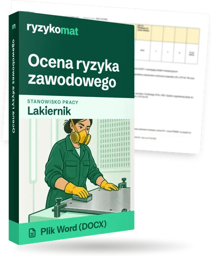 Pudełko dokumentu „Ocena ryzyka zawodowego” ze znakiem Ryzykomat i napisem „Plik Word (DOCX)” na froncie, ilustracja stanowiska „Lakiernik”; zza pudełka wystaje strona prawdziwego dokumentu z rozmytą treścią
