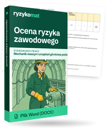 Pudełko dokumentu „Ocena ryzyka zawodowego” ze znakiem Ryzykomat i napisem „Plik Word (DOCX)” na froncie, ilustracja stanowiska „Mechanik maszyn i urządzeń górnictwa podziemnego”; zza pudełka wystaje strona prawdziwego dokumentu z rozmytą treścią