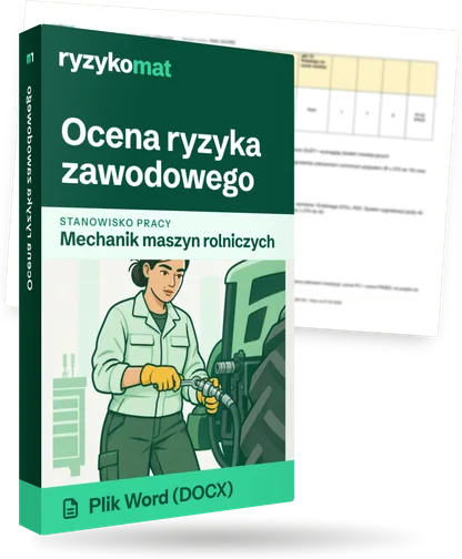 Pudełko dokumentu „Ocena ryzyka zawodowego” ze znakiem Ryzykomat i napisem „Plik Word (DOCX)” na froncie, ilustracja stanowiska „Mechanik maszyn rolniczych”; zza pudełka wystaje strona prawdziwego dokumentu z rozmytą treścią