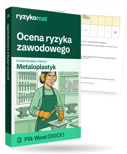 Pudełko dokumentu „Ocena ryzyka zawodowego” ze znakiem Ryzykomat i napisem „Plik Word (DOCX)” na froncie, ilustracja stanowiska „Metaloplastyk”; zza pudełka wystaje strona prawdziwego dokumentu z rozmytą treścią