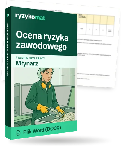 Pudełko dokumentu „Ocena ryzyka zawodowego” ze znakiem Ryzykomat i napisem „Plik Word (DOCX)” na froncie, ilustracja stanowiska „Młynarz”; zza pudełka wystaje strona prawdziwego dokumentu z rozmytą treścią