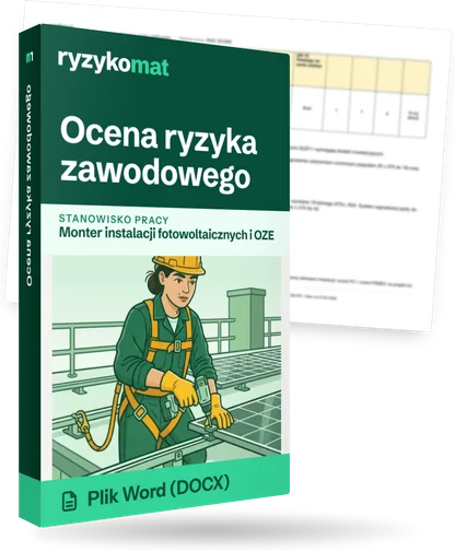 Pudełko dokumentu „Ocena ryzyka zawodowego” ze znakiem Ryzykomat i napisem „Plik Word (DOCX)” na froncie, ilustracja stanowiska „Monter instalacji fotowoltaicznych i OZE”; zza pudełka wystaje strona prawdziwego dokumentu z rozmytą treścią