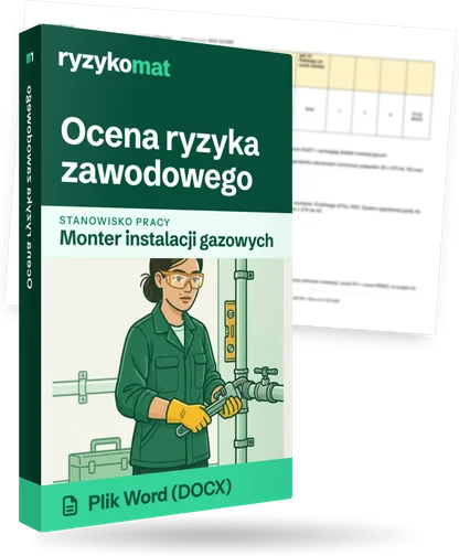 Pudełko dokumentu „Ocena ryzyka zawodowego” ze znakiem Ryzykomat i napisem „Plik Word (DOCX)” na froncie, ilustracja stanowiska „Monter instalacji gazowych”; zza pudełka wystaje strona prawdziwego dokumentu z rozmytą treścią