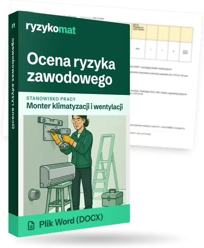 Pudełko dokumentu „Ocena ryzyka zawodowego” ze znakiem Ryzykomat i napisem „Plik Word (DOCX)” na froncie, ilustracja stanowiska „Monter klimatyzacji i wentylacji”; zza pudełka wystaje strona prawdziwego dokumentu z rozmytą treścią