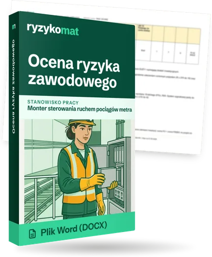 Pudełko dokumentu „Ocena ryzyka zawodowego” ze znakiem Ryzykomat i napisem „Plik Word (DOCX)” na froncie, ilustracja stanowiska „Monter sterowania ruchem pociągów metra”; zza pudełka wystaje strona prawdziwego dokumentu z rozmytą treścią