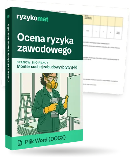 Pudełko dokumentu „Ocena ryzyka zawodowego” ze znakiem Ryzykomat i napisem „Plik Word (DOCX)” na froncie, ilustracja stanowiska „Monter suchej zabudowy (płyty g-k)”; zza pudełka wystaje strona prawdziwego dokumentu z rozmytą treścią