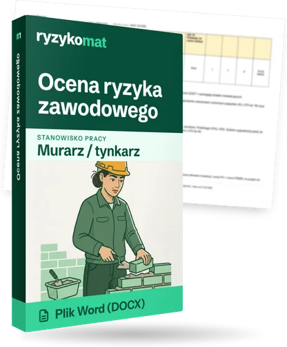Pudełko dokumentu „Ocena ryzyka zawodowego” ze znakiem Ryzykomat i napisem „Plik Word (DOCX)” na froncie, ilustracja stanowiska „Murarz / tynkarz”; zza pudełka wystaje strona prawdziwego dokumentu z rozmytą treścią