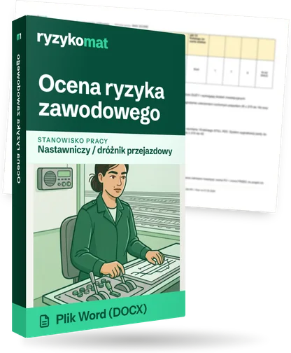Pudełko dokumentu „Ocena ryzyka zawodowego” ze znakiem Ryzykomat i napisem „Plik Word (DOCX)” na froncie, ilustracja stanowiska „Nastawniczy / dróżnik przejazdowy”; zza pudełka wystaje strona prawdziwego dokumentu z rozmytą treścią