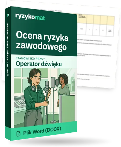 Pudełko dokumentu „Ocena ryzyka zawodowego” ze znakiem Ryzykomat i napisem „Plik Word (DOCX)” na froncie, ilustracja stanowiska „Operator dźwięku”; zza pudełka wystaje strona prawdziwego dokumentu z rozmytą treścią