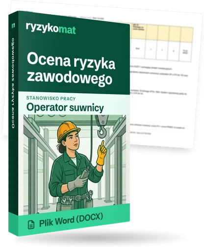 Pudełko dokumentu „Ocena ryzyka zawodowego” ze znakiem Ryzykomat i napisem „Plik Word (DOCX)” na froncie, ilustracja stanowiska „Operator suwnicy”; zza pudełka wystaje strona prawdziwego dokumentu z rozmytą treścią