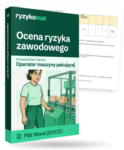Pudełko dokumentu „Ocena ryzyka zawodowego” ze znakiem Ryzykomat i napisem „Plik Word (DOCX)” na froncie, ilustracja stanowiska „Operator maszyny pakującej”; zza pudełka wystaje strona prawdziwego dokumentu z rozmytą treścią