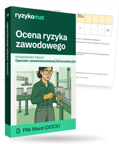 Pudełko dokumentu „Ocena ryzyka zawodowego” ze znakiem Ryzykomat i napisem „Plik Word (DOCX)” na froncie, ilustracja stanowiska „Operator zautomatyzowanej linii produkcyjnej”; zza pudełka wystaje strona prawdziwego dokumentu z rozmytą treścią