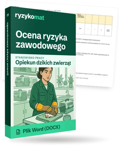 Pudełko dokumentu „Ocena ryzyka zawodowego” ze znakiem Ryzykomat i napisem „Plik Word (DOCX)” na froncie, ilustracja stanowiska „Opiekun dzikich zwierząt”; zza pudełka wystaje strona prawdziwego dokumentu z rozmytą treścią