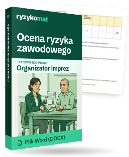 Pudełko dokumentu „Ocena ryzyka zawodowego” ze znakiem Ryzykomat i napisem „Plik Word (DOCX)” na froncie, ilustracja stanowiska „Organizator imprez”; zza pudełka wystaje strona prawdziwego dokumentu z rozmytą treścią
