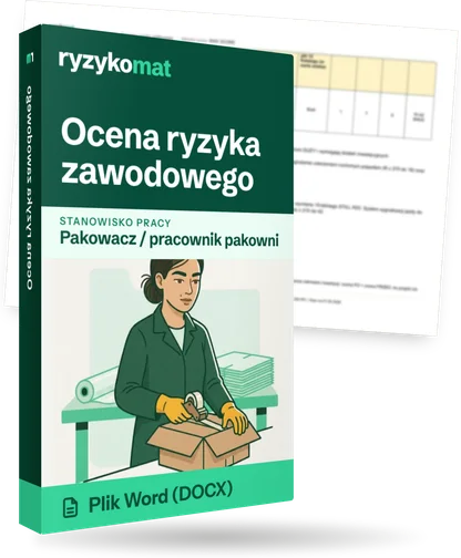 Pudełko dokumentu „Ocena ryzyka zawodowego” ze znakiem Ryzykomat i napisem „Plik Word (DOCX)” na froncie, ilustracja stanowiska „Pakowacz / pracownik pakowni”; zza pudełka wystaje strona prawdziwego dokumentu z rozmytą treścią