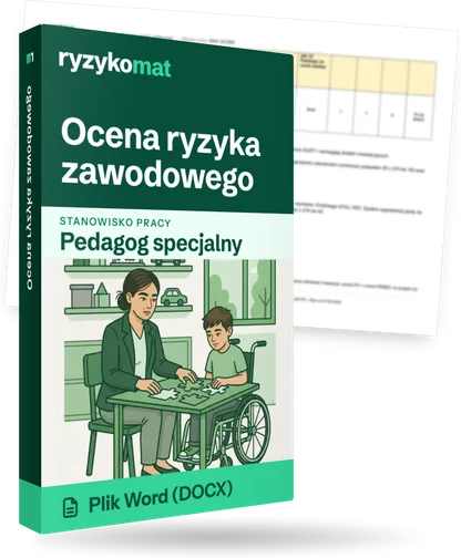 Pudełko dokumentu „Ocena ryzyka zawodowego” ze znakiem Ryzykomat i napisem „Plik Word (DOCX)” na froncie, ilustracja stanowiska „Pedagog specjalny”; zza pudełka wystaje strona prawdziwego dokumentu z rozmytą treścią
