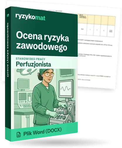 Pudełko dokumentu „Ocena ryzyka zawodowego” ze znakiem Ryzykomat i napisem „Plik Word (DOCX)” na froncie, ilustracja stanowiska „Perfuzjonista”; zza pudełka wystaje strona prawdziwego dokumentu z rozmytą treścią