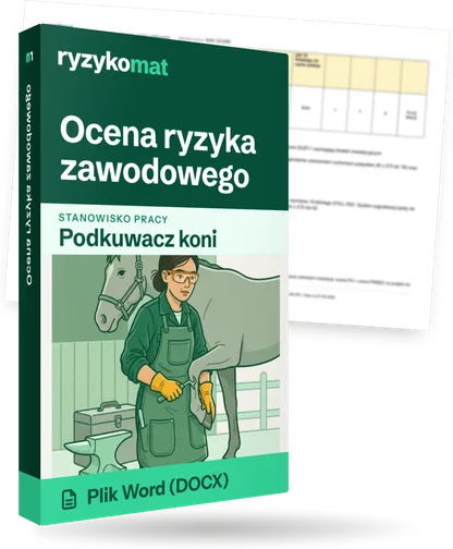 Pudełko dokumentu „Ocena ryzyka zawodowego” ze znakiem Ryzykomat i napisem „Plik Word (DOCX)” na froncie, ilustracja stanowiska „Podkuwacz koni”; zza pudełka wystaje strona prawdziwego dokumentu z rozmytą treścią
