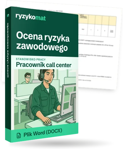 Pudełko dokumentu „Ocena ryzyka zawodowego” ze znakiem Ryzykomat i napisem „Plik Word (DOCX)” na froncie, ilustracja stanowiska „Pracownik call center”; zza pudełka wystaje strona prawdziwego dokumentu z rozmytą treścią